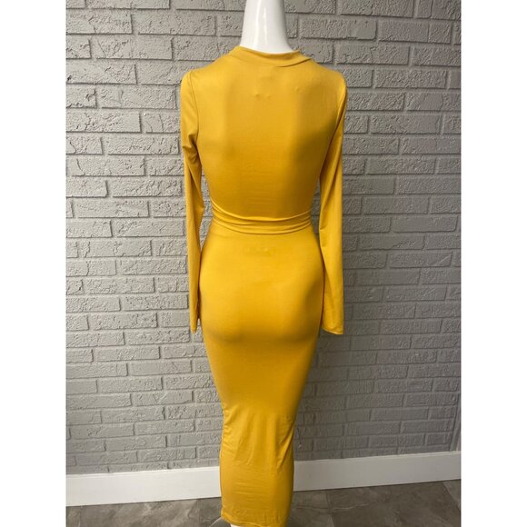 Fashion Love Women Yellow Long Sleeve Crop Top Maxi Bodycon Skirt Set Size S - Picture 3 of 6